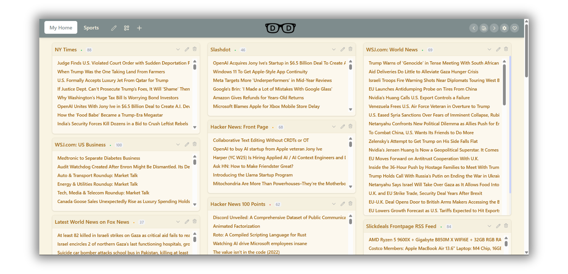 DashDork dashboard showing RSS feeds and widgets - perfect Netvibes replacement